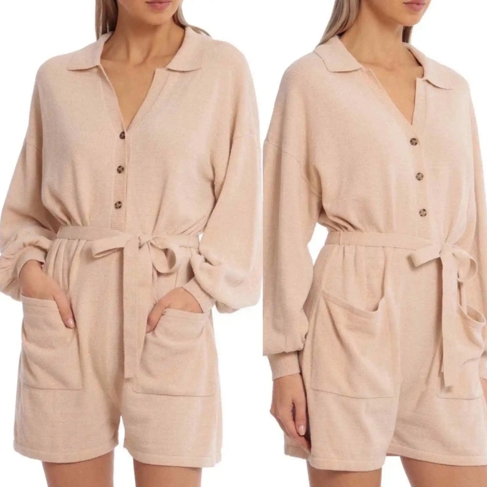 Avec Les Filles Cream Knit Jumpsuit Romper Medium NWT